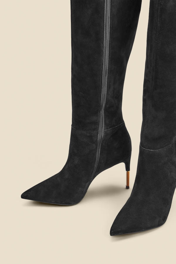 Black Suede Knee High Boot With Gold Heel Detail