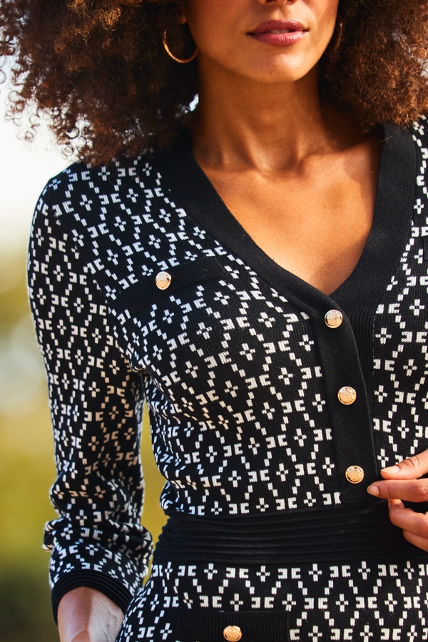 Black Geometric Print Gold Button Detail Knitted Dress