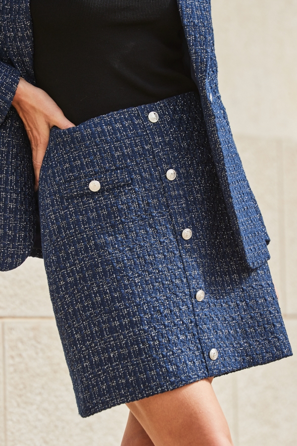 Navy Blue Metallic Boucle Button Front A-Line Skirt