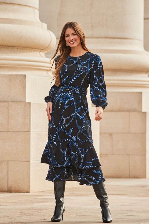 Black & Blue Chain Print Ruffle Hem Fit & Flare Dress