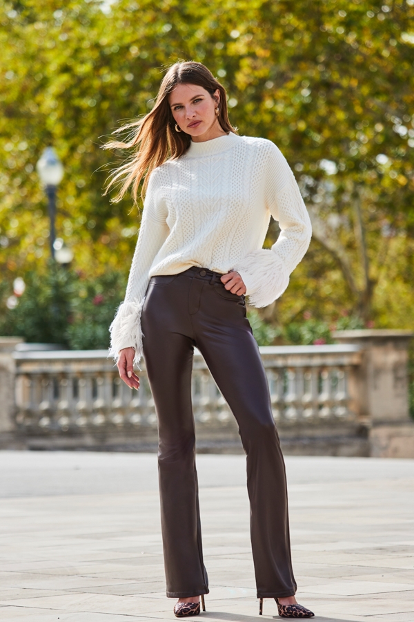 Cream Cable High Neck Faux Fur Cuff Jumper