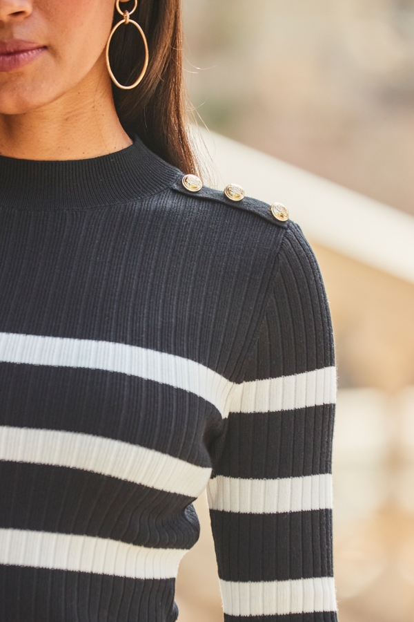 Black & White Stripe Button Detail Rib Knit Midi Dress