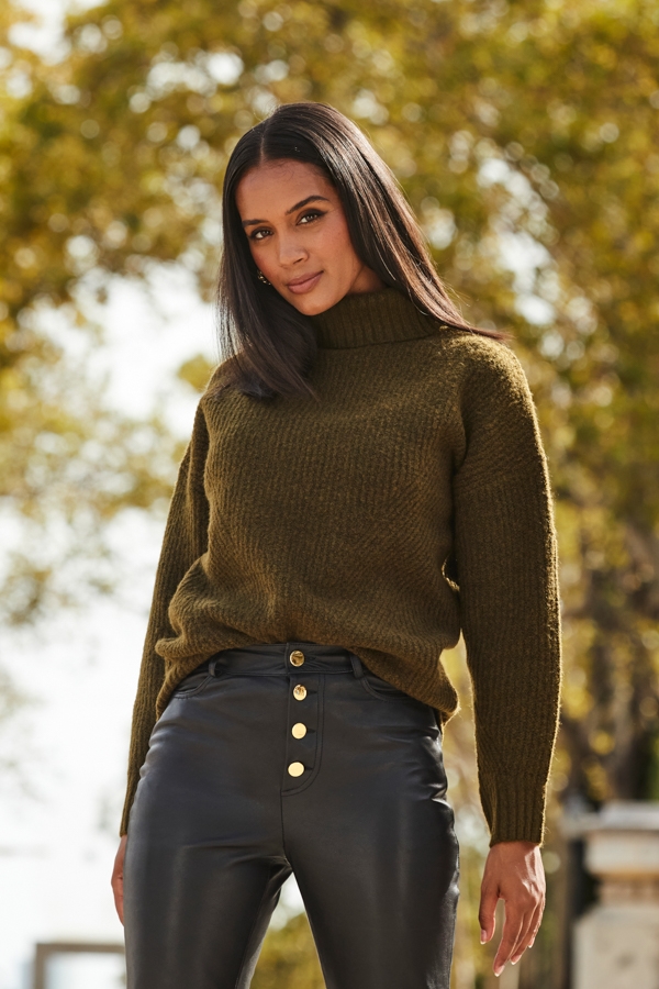 Khaki Green Chevron Roll Neck Ribbed Jumper