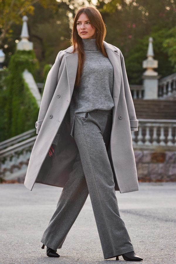 Grey Double Breasted Tab Sleeve Coat