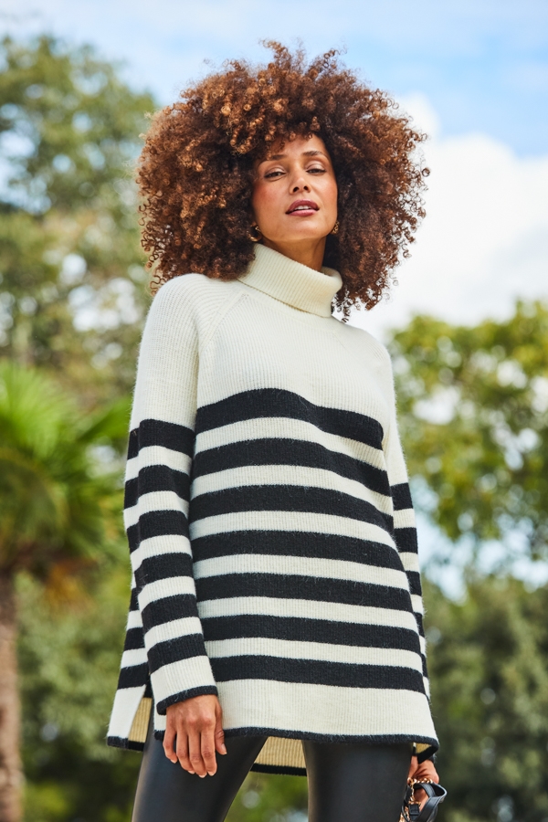 Cream & Black Stripe Super Soft Roll Neck Jumper