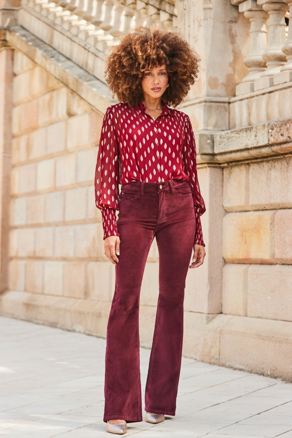 Red & Gold Metallic Spot Print Blouson Sleeve Shirt