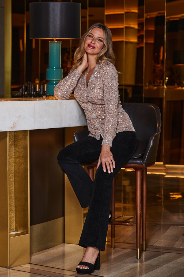 Rose Gold Sequin Ruched Front Shirt