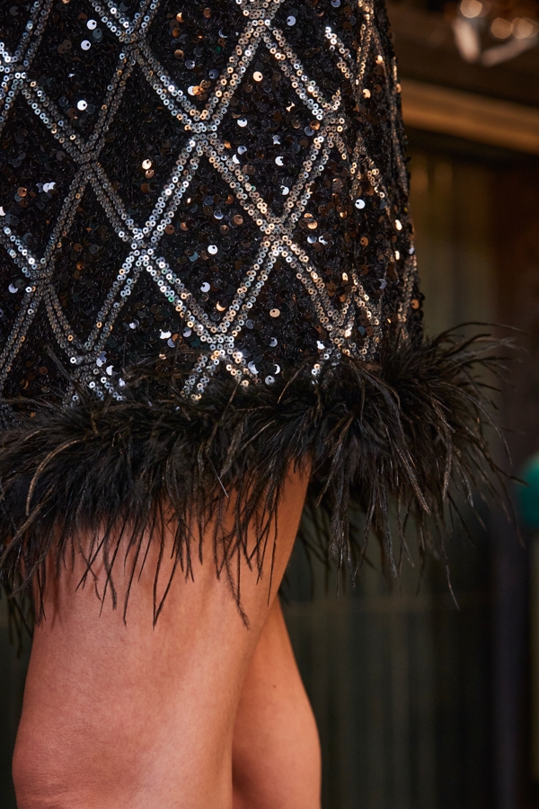 Black Luxe Sequin Feather Hem Skirt