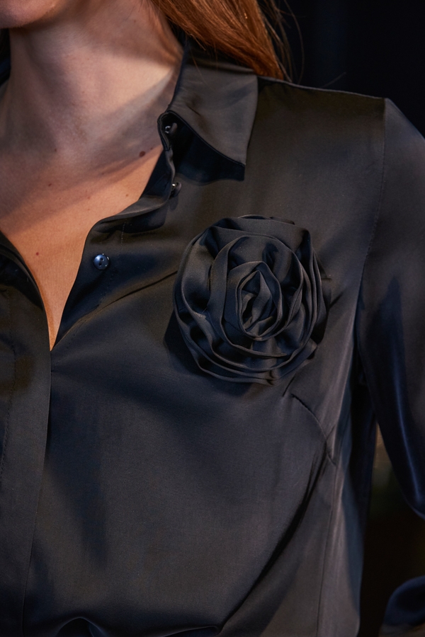 Black Luxe Satin Corsage Detail Shirt
