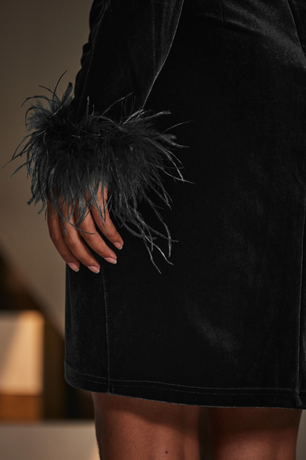 Black Velvet Feather Cuff Wrap Pencil Dress