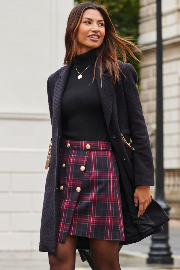 Red & Black Checked A-Line Skirt With Button Detail