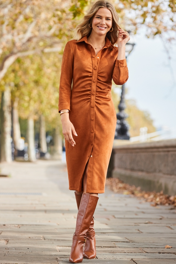 Tan Ruched Front Faux Suede Midi Shirt Dress