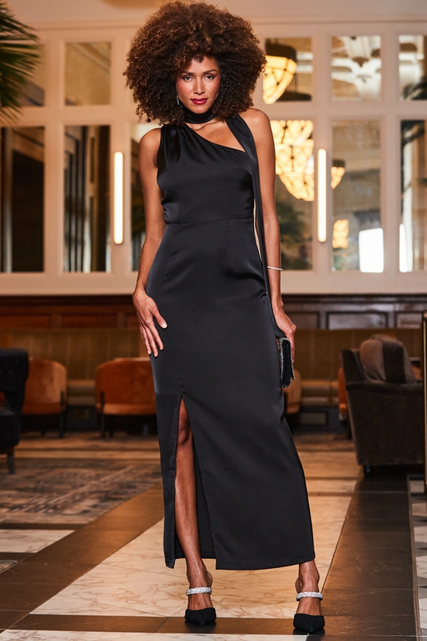 Black One Shoulder Tie Neck Satin Maxi Dress