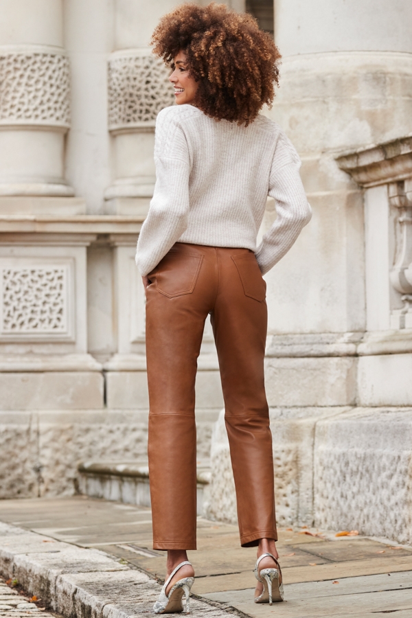 Tan Leather Straight Leg Trousers