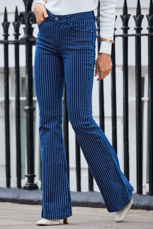 Navy Blue & White Pinstripe Kick Flare Jeans