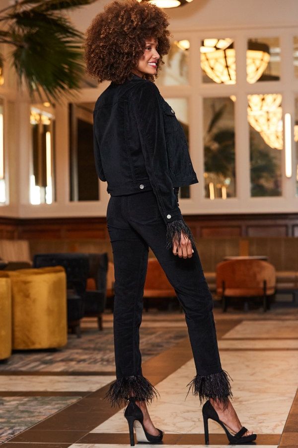Black Velvet Feather Hem Slim Leg Jeans