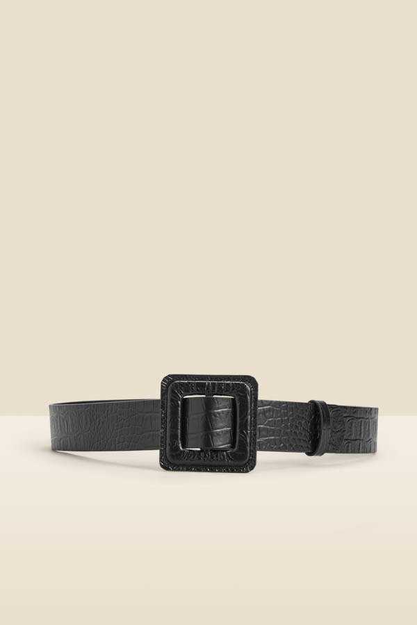 Black Croc Leather Belt With Buckle
