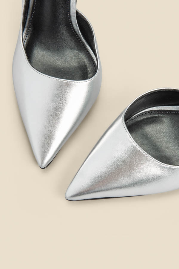 Silver Leather Cut Out Detail Stiletto Heel Court Shoes
