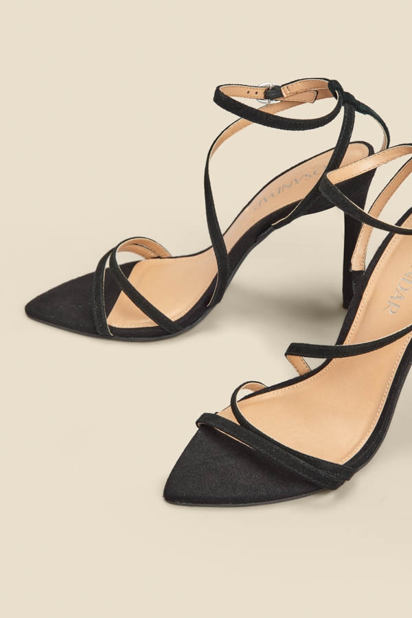 Black Suede Multi Strap Pointed Toe Stiletto Heel Sandals