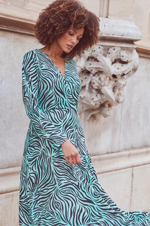 Green Zebra Print Pleated Wrap Front Dress