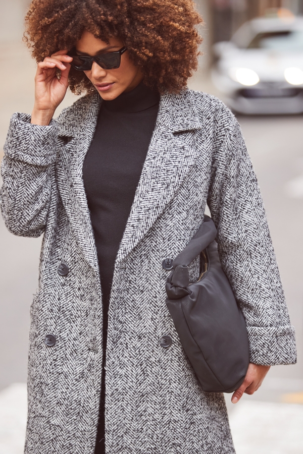 Grey & Black Herringbone Wool Mix Longline Coat