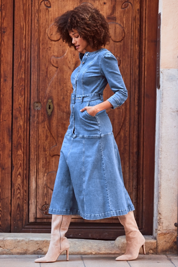 Mid Blue Panelled Detail Button Front Denim Dress