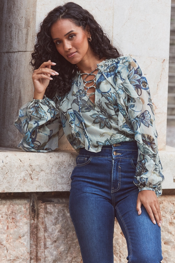 Petite Green Paisley Floral Print Lace Up Blouse