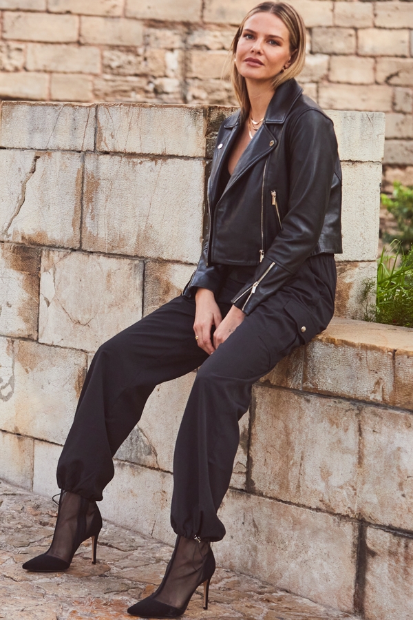 Black Parachute Pants With Drawcord Detail