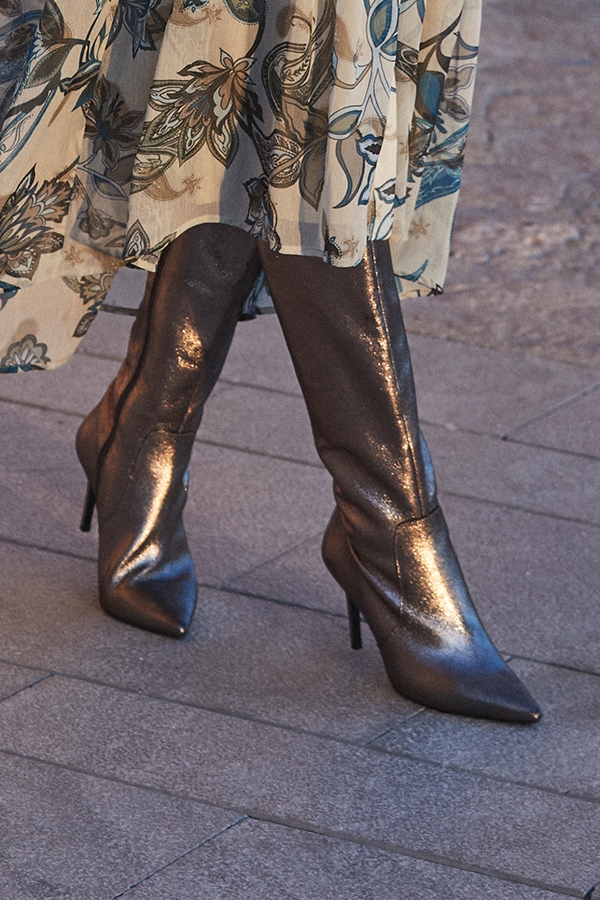 Pewter Leather Stiletto Heel Knee High Boots