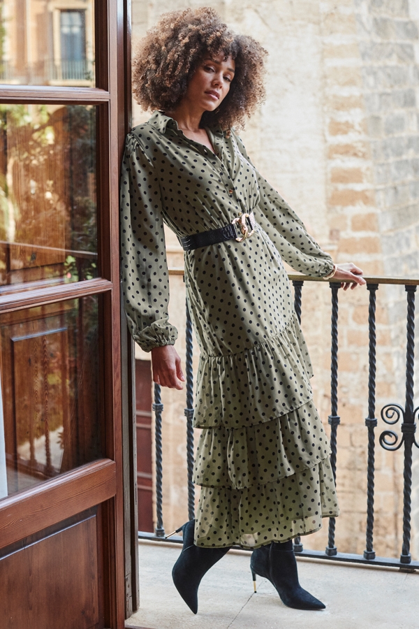 Khaki Green Spot Print Tiered Hem Midi Shirt Dress