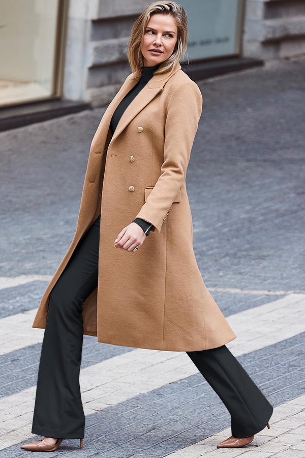 Camel Double Breasted Longline Coat With Gold Button Detail