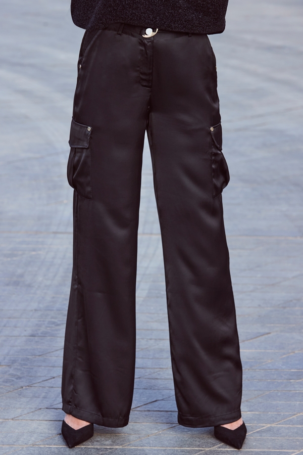 Black Satin D Ring Wide Leg Utility Trousers