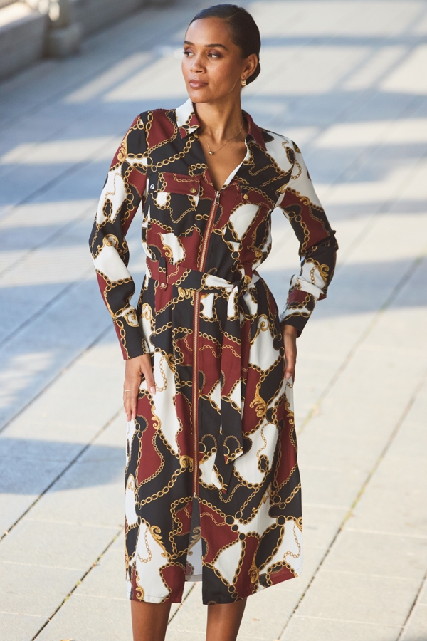 Black Multi Print Zip Front Belted Midi Dress