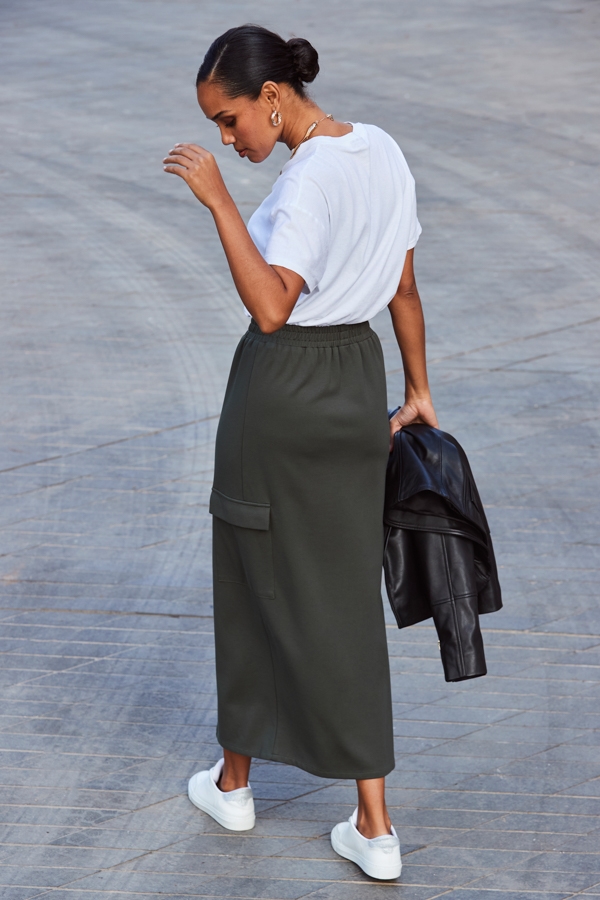 Khaki Green Super Soft Pocket Detail Utility Midi Skirt