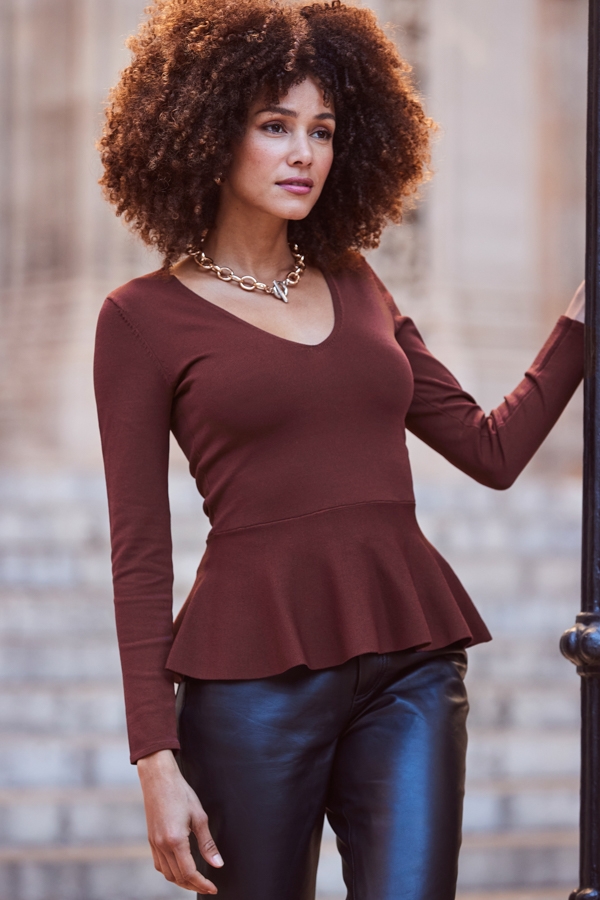 Chocolate Brown Peplum Hem Fine Knit Top