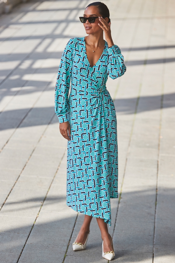 Green Geometric Print Blouson Sleeve Wrap Jersey Midi Dress