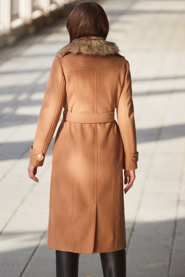 Camel Longline Faux Wool Trench Coat with Faux Fur Collar