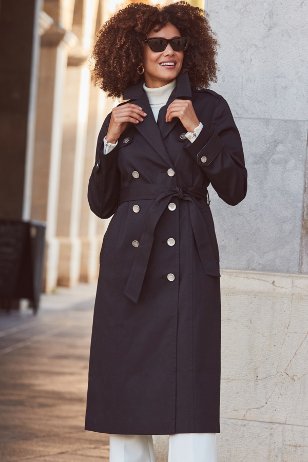 Black Longline Trench Coat With Faux Leather Trim