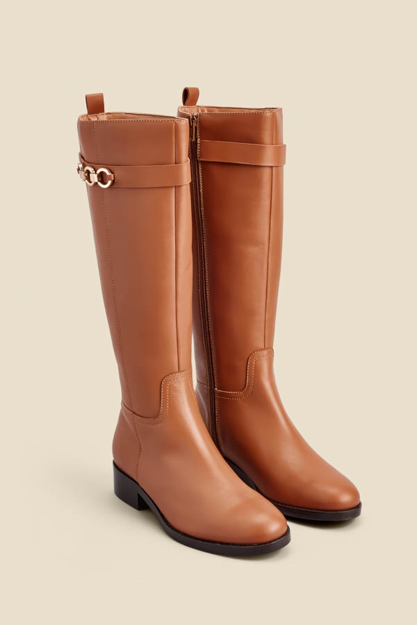 Tan Leather Flat Knee High Boot With Metal Trim