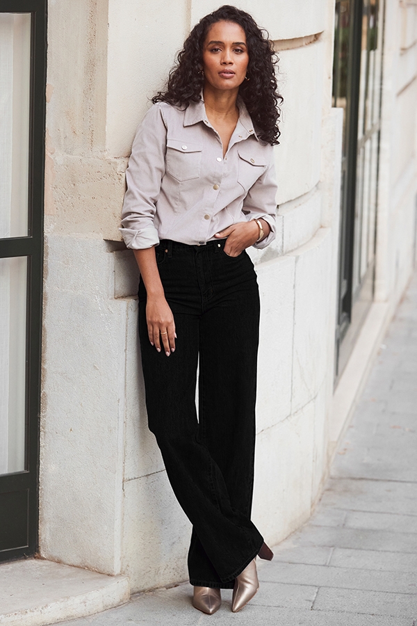 Black Wide Leg Jeans With Rose Gold Button Detail