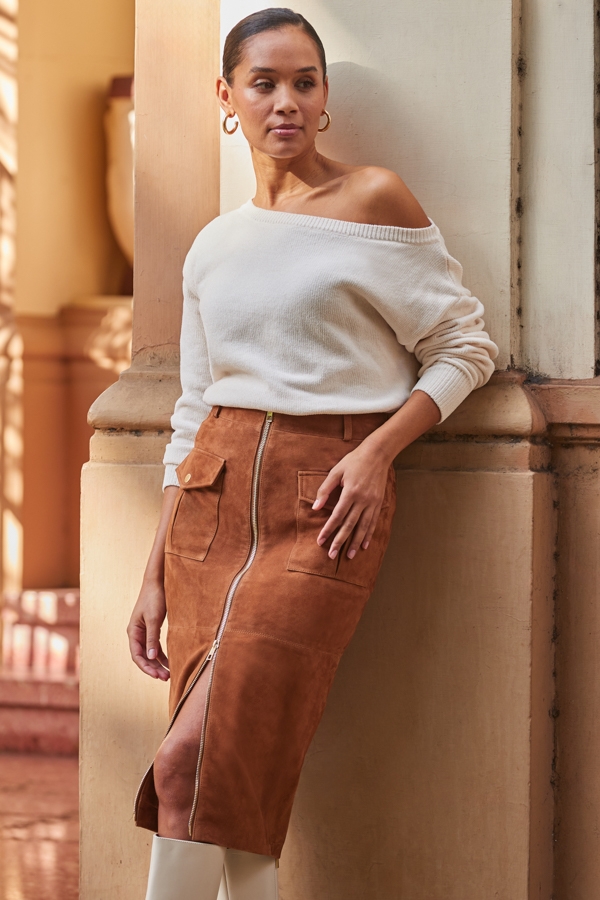 Tan Suede Zip Front Pocket Detail Pencil Skirt