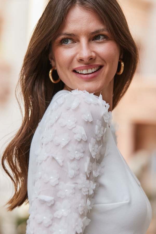 White Premium Floral Applique Sleeve Top