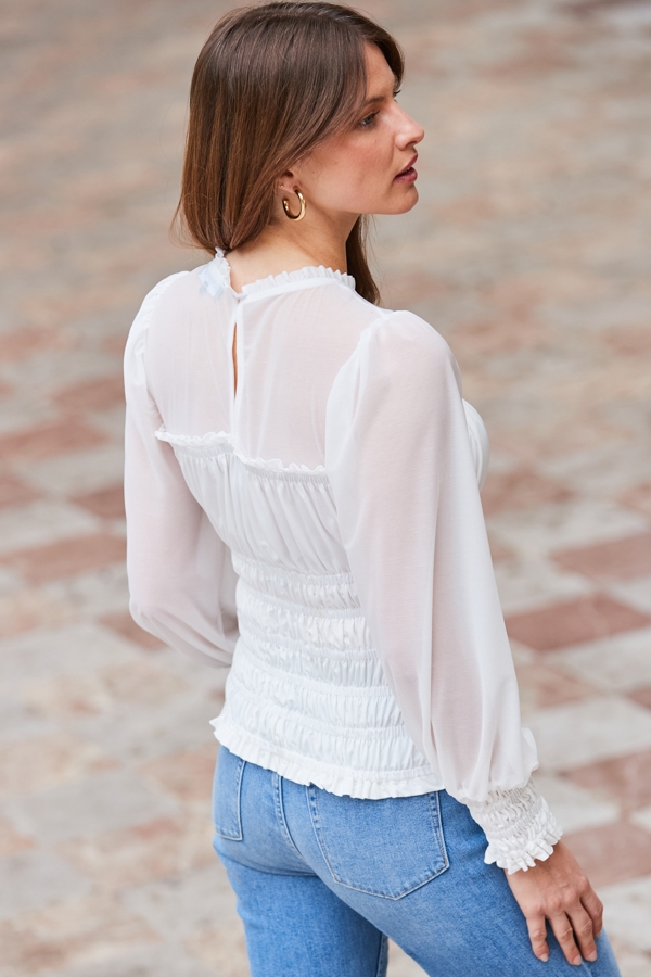 Ivory Shirred Detail Mesh Sleeve Top