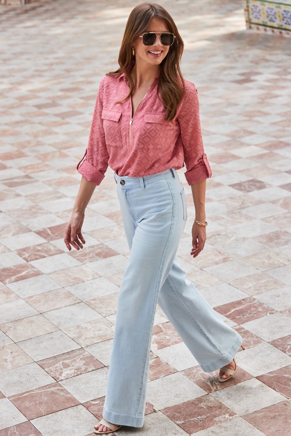 Light Wash Blue Denim Stretch Wide Leg Jeans