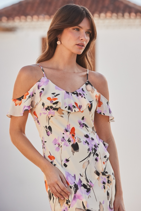 Ivory Floral Print Ruffle Detail Cold Shoulder Maxi Dress