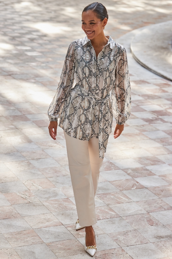 Snake Print Relaxed Fit Belted Longline Shirt