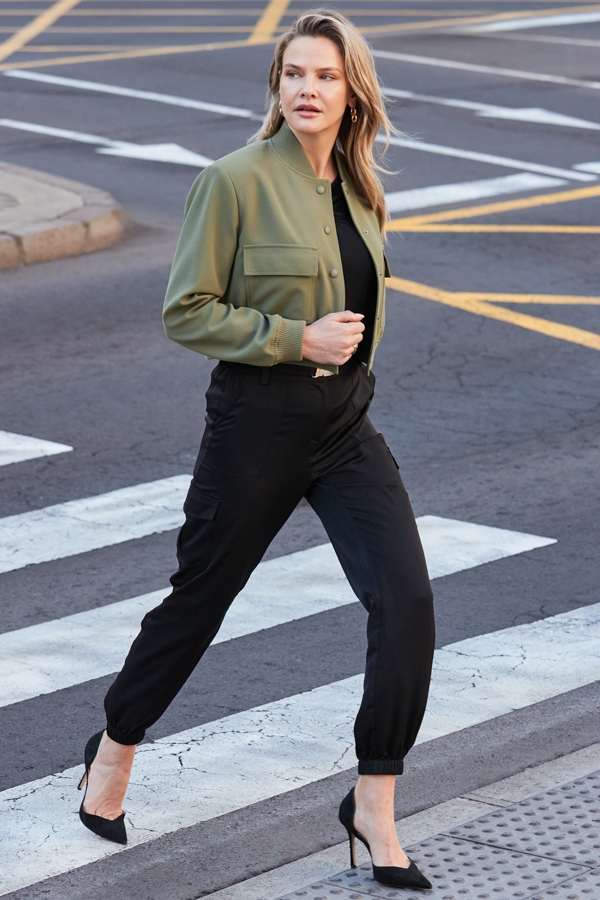 Black Satin Utility Trousers With Gold Buckle