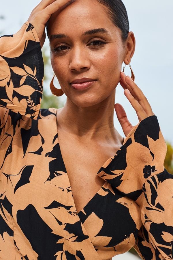 Black Floral Print Fit & Flare Wrap Dress