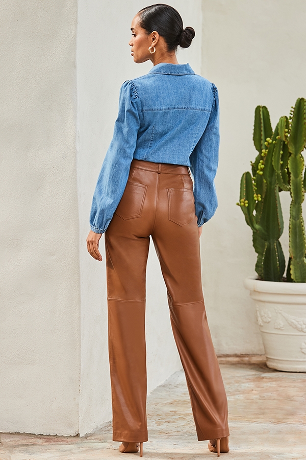 Tan Leather Button Front Wide Leg Trousers