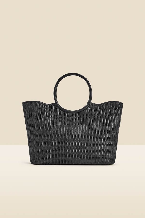 Black Faux Leather Woven Oversized Tote Bag